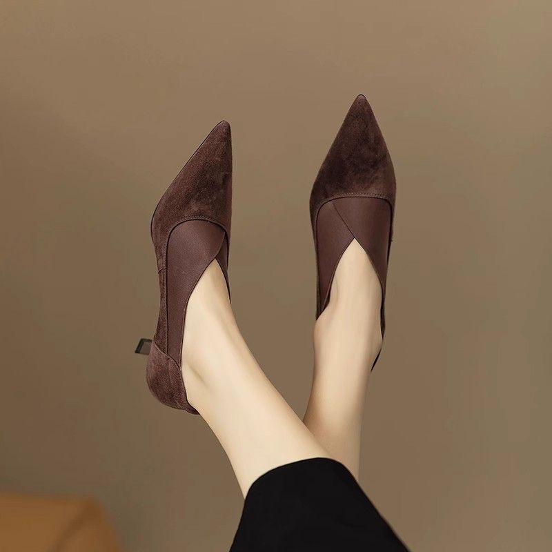 法式尖头高跟鞋女加绒加厚真皮羊猄皮复古细跟深口单鞋中跟及踝