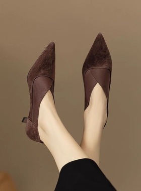 法式尖头高跟鞋女加绒加厚真皮羊猄皮复古细跟深口单鞋中跟及踝