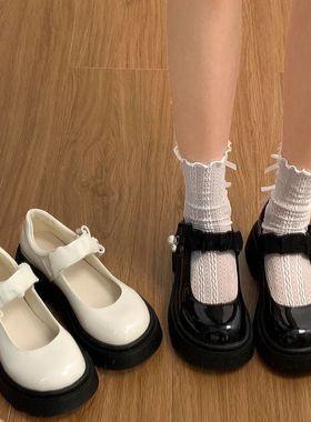 黑色法式厚底玛丽珍小皮鞋女2025新款春秋配裙子圆头珍珠粗跟