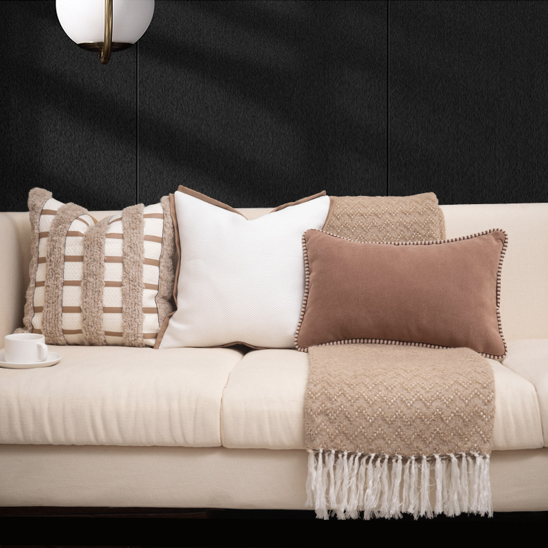 简约姹寂风民宿沙发靠垫家具展厅样板间摆场卡其色毛毛条编织抱枕