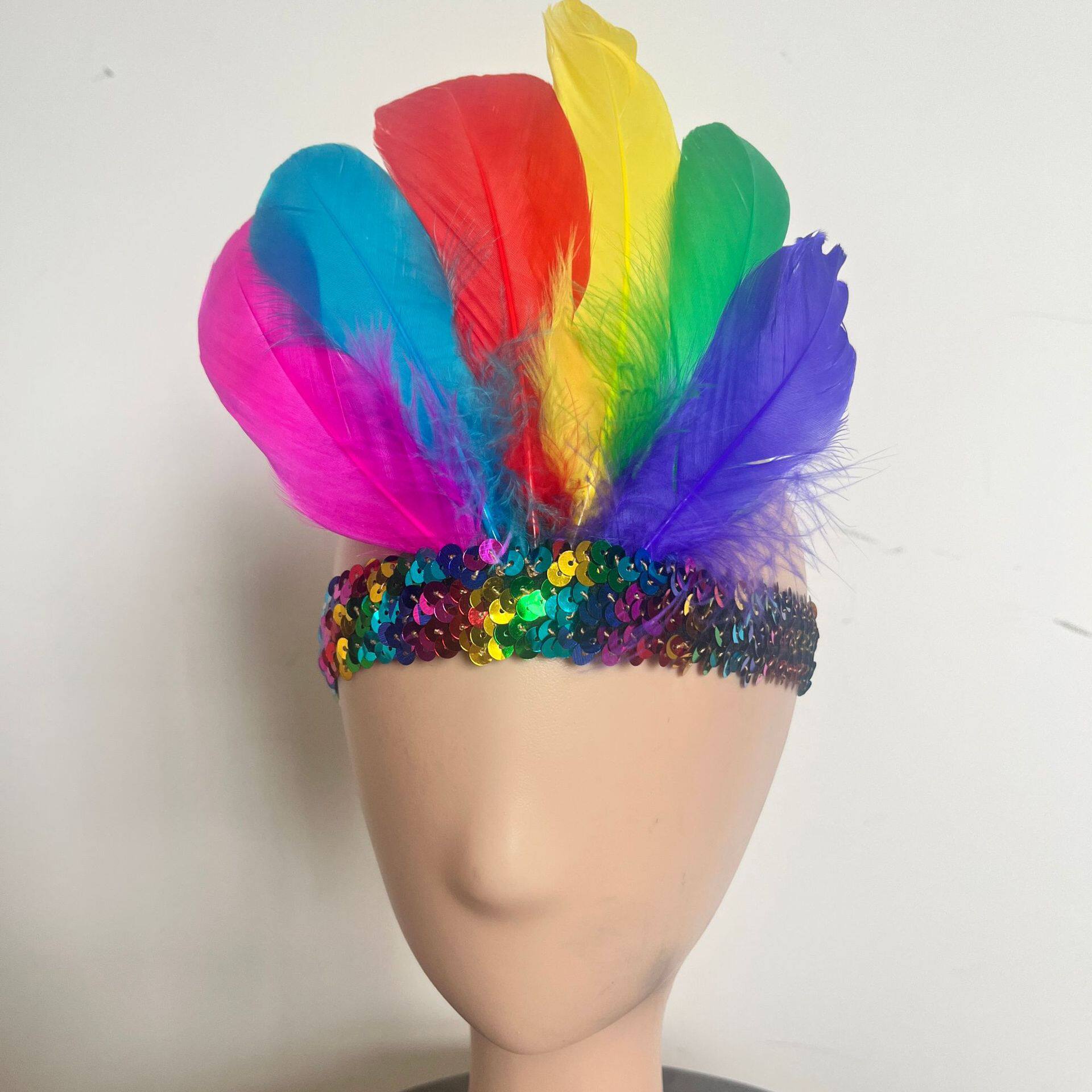 印第安成人头带亮片羽毛头戴镶钻发带节日演出头戴发带多色头饰