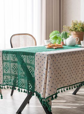 伊缦琪韵桌布蓝色雏菊撞色镂空拼接小清新餐桌布餐厅台布工厂直供