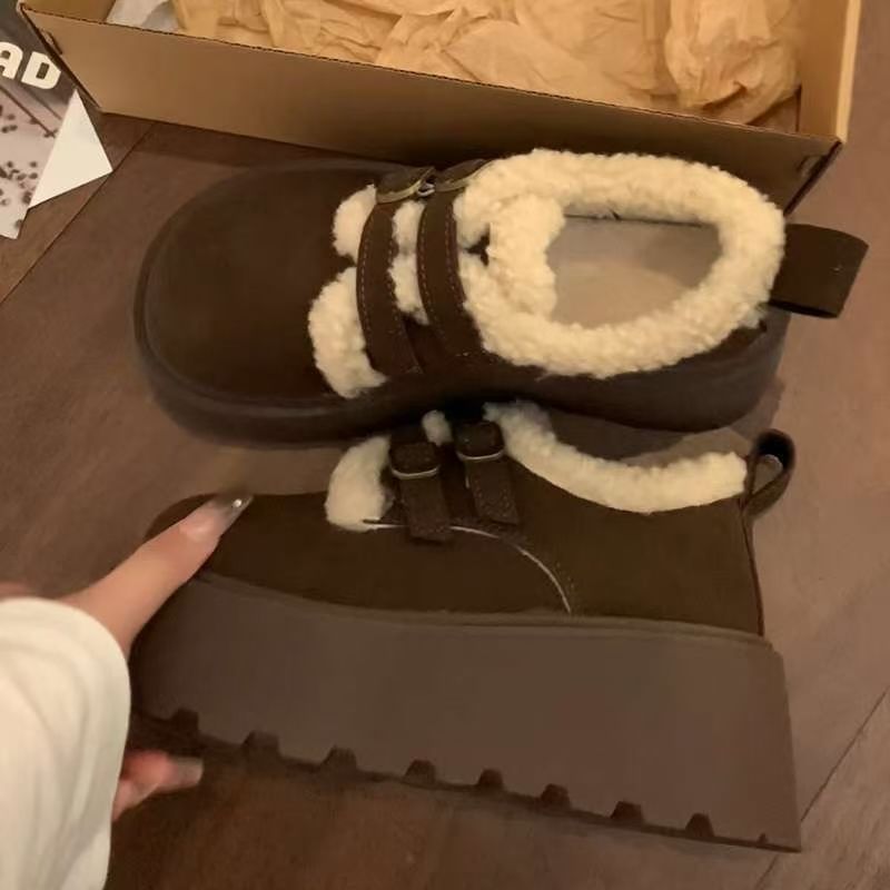 复古时尚百搭加绒厚底勃肯鞋女增高加厚保暖棉鞋2024年新款秋冬季