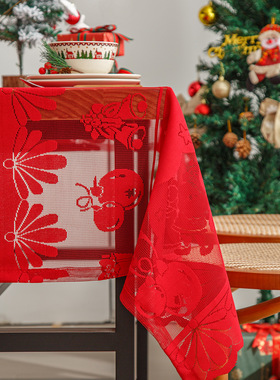 美式镂空蕾丝红色圣诞主题氛围感桌布家用茶几垫台布餐桌垫