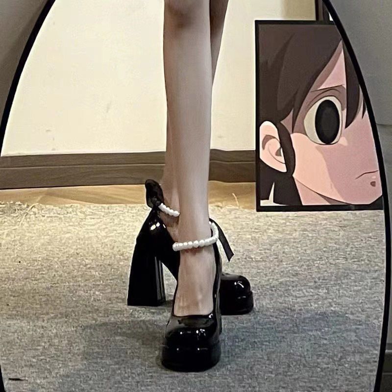 高跟小皮鞋女春秋2024新款白色法式婚鞋复古粗跟厚底增高玛丽珍鞋