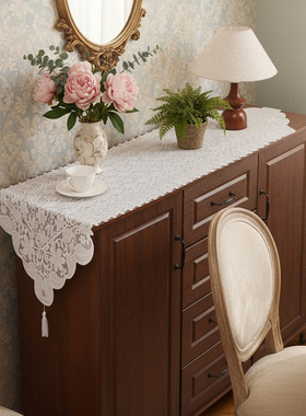 复古法式蕾丝桌旗白色绣花长条餐桌布餐边柜电视柜斗柜鞋柜装饰