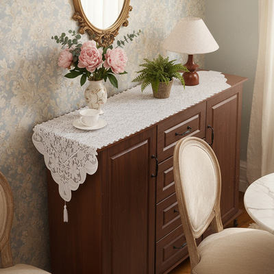 复古法式蕾丝桌旗白色绣花长条餐桌布餐边柜电视柜斗柜鞋柜装饰