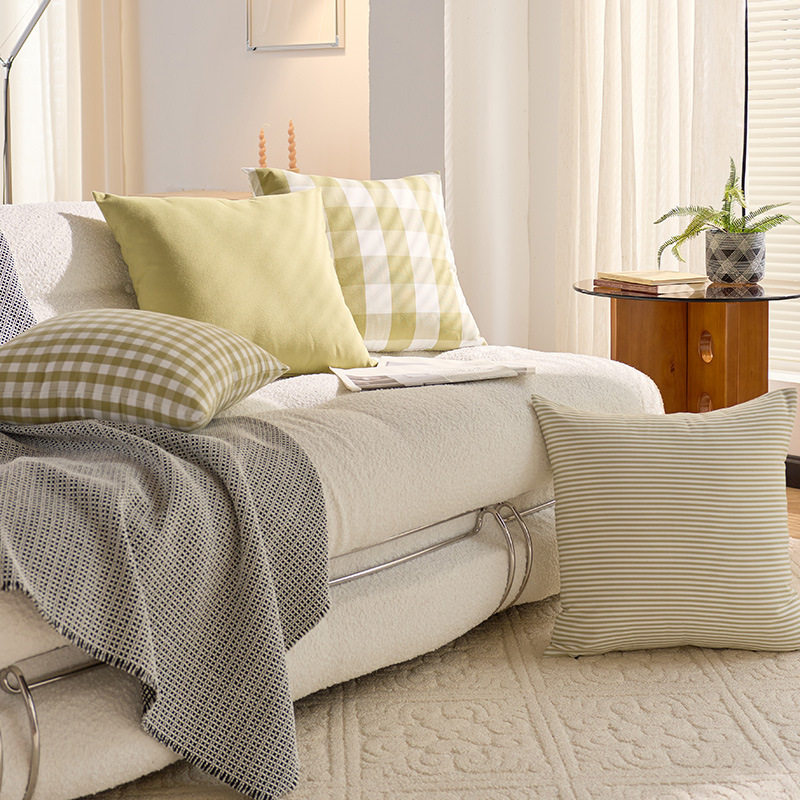 田园风法式小清新绿抱枕春日美式夏天棉麻风格子靠垫客厅沙发靠枕