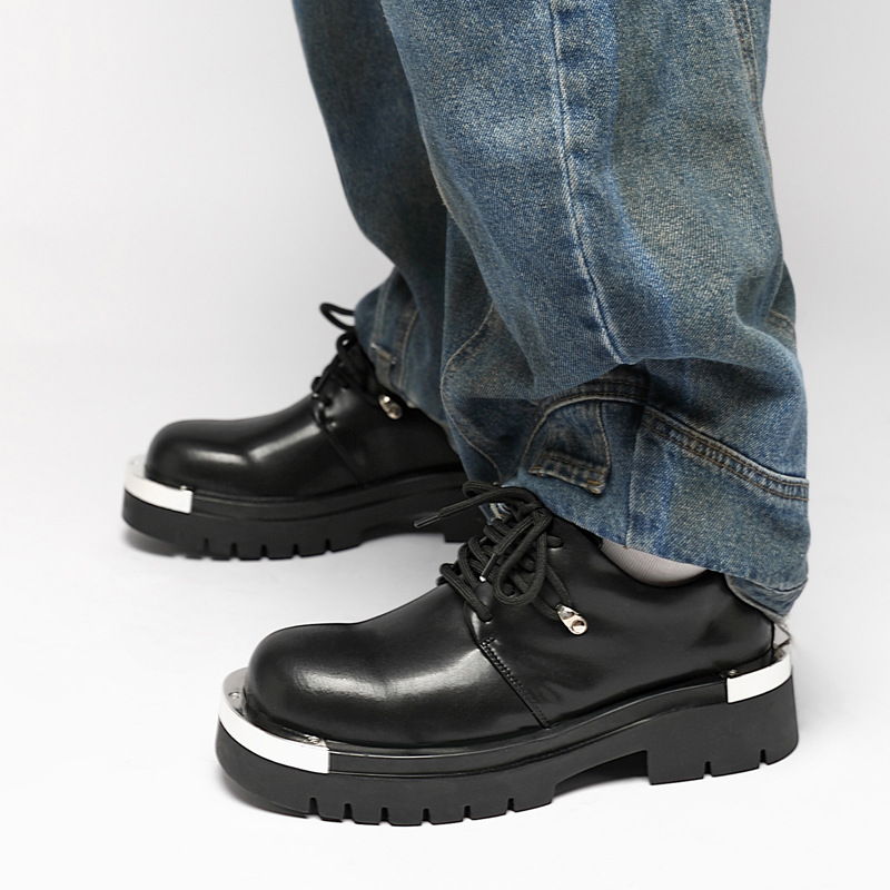 春秋小众设计铁头皮鞋大头厚底男鞋百搭休闲韩版发型师潮流德比鞋