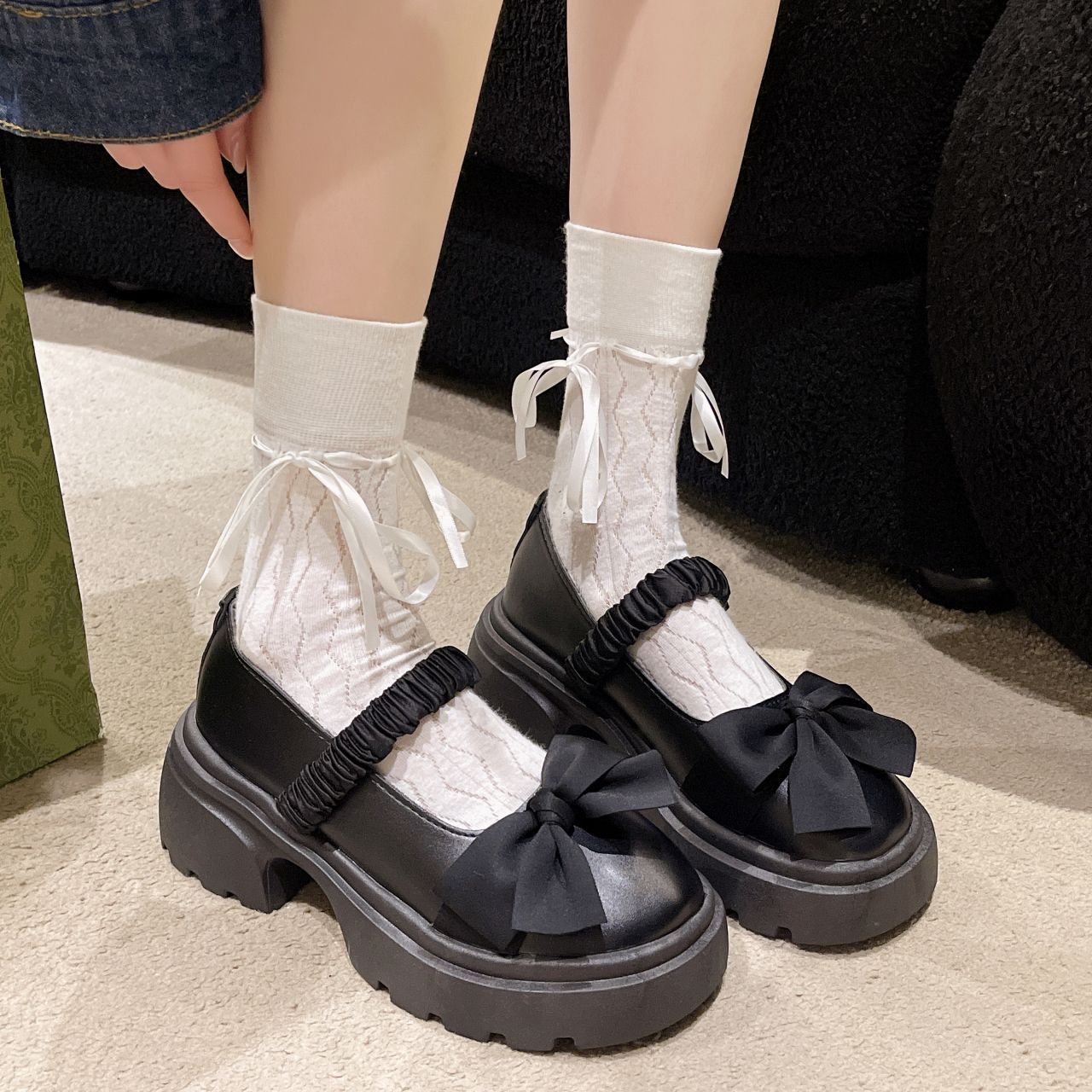 法式高跟jk松糕粗跟蝴蝶结Lolita单鞋厚底玛丽珍小皮鞋女2025夏季