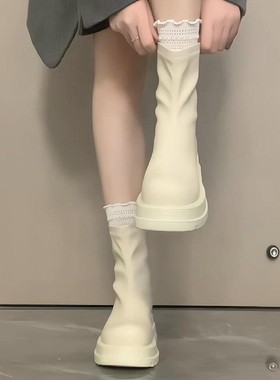 厚底内增高瘦瘦靴女2025秋新款黑色真皮小个子马丁靴