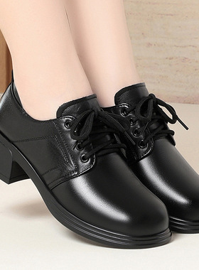 中老年系带皮鞋黑色软皮女鞋中年女士高跟鞋单鞋软底软皮妈妈鞋子