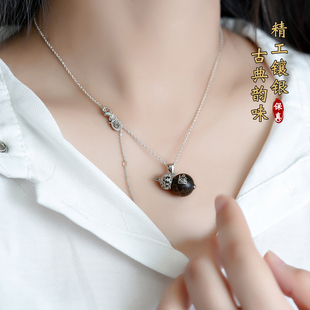沉水级天然野文莱沉香葫芦项链吊坠镶嵌纯银生肖本命佛挂饰锁骨链
