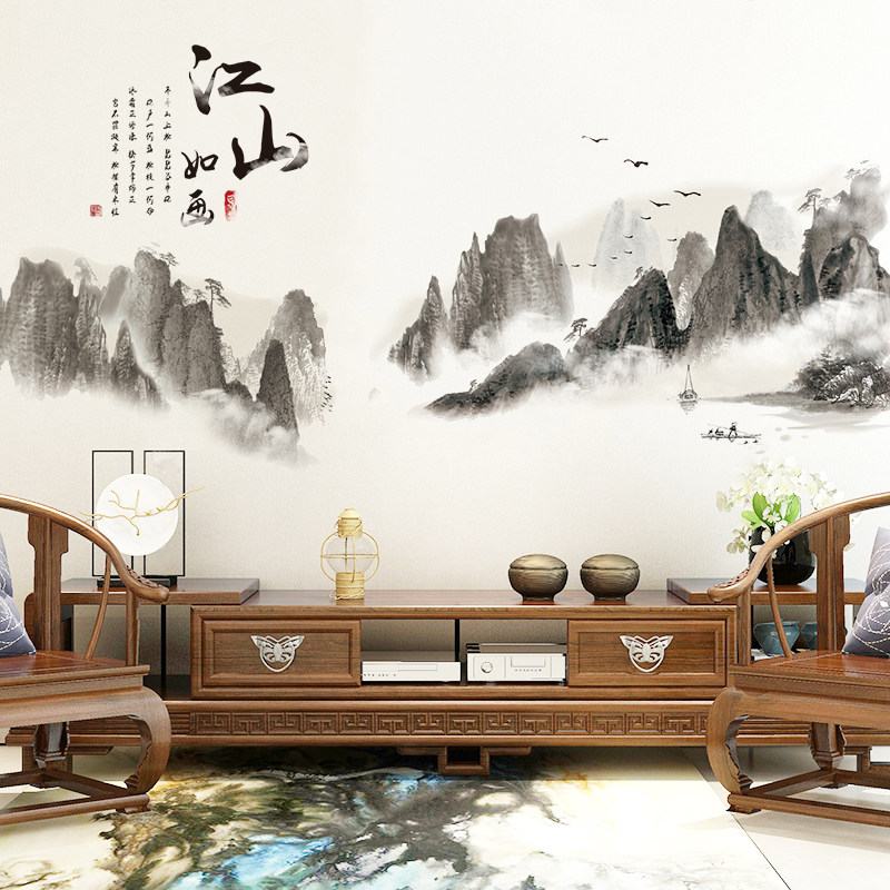 速发电国风山装画客厅中视背景墙水饰壁画墙贴画贴纸墙纸壁纸自粘