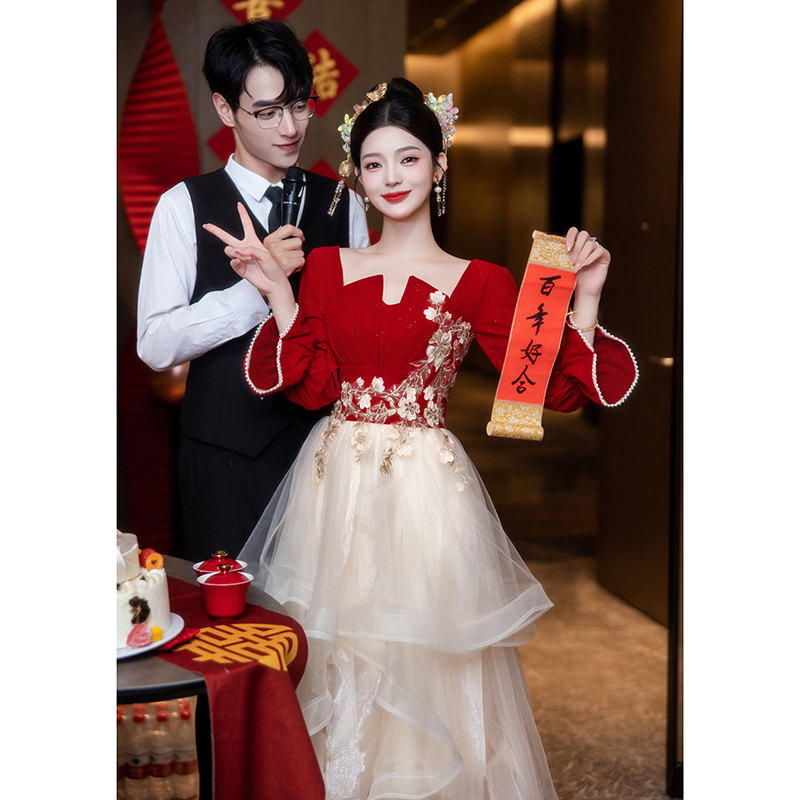 速发长袖红色结酒服敬婚当天新娘便装回门订式法婚礼服裙大码冬季