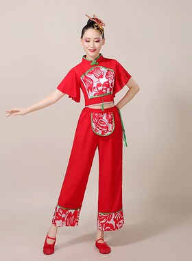 速发胶州鼓歌服东北开门红广舞场扇子舞映山红腰秧服装红色喜庆舞