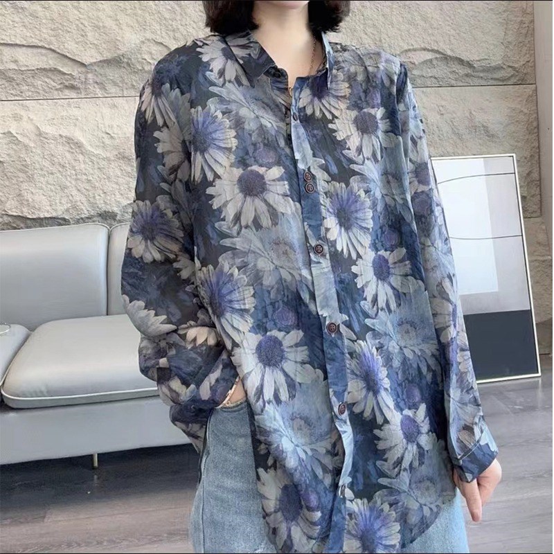 速发上码复古印花棉洋长袖春遮肉麻气减龄衬衣打底大衣