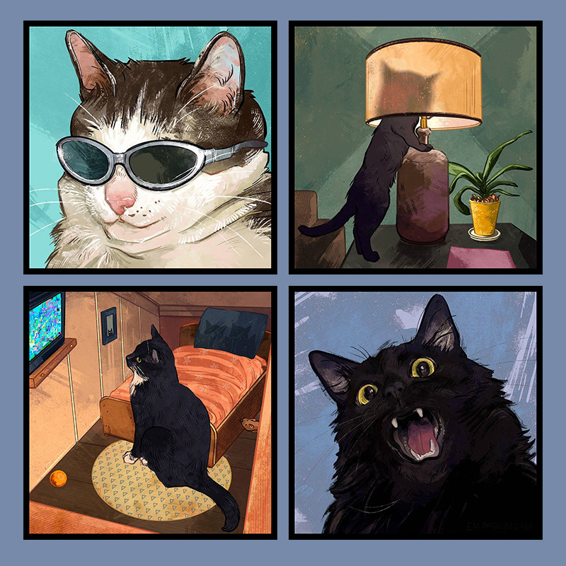 现货速发休闲小黑猫手工填充数字油画油彩画创意插画卧室装饰画