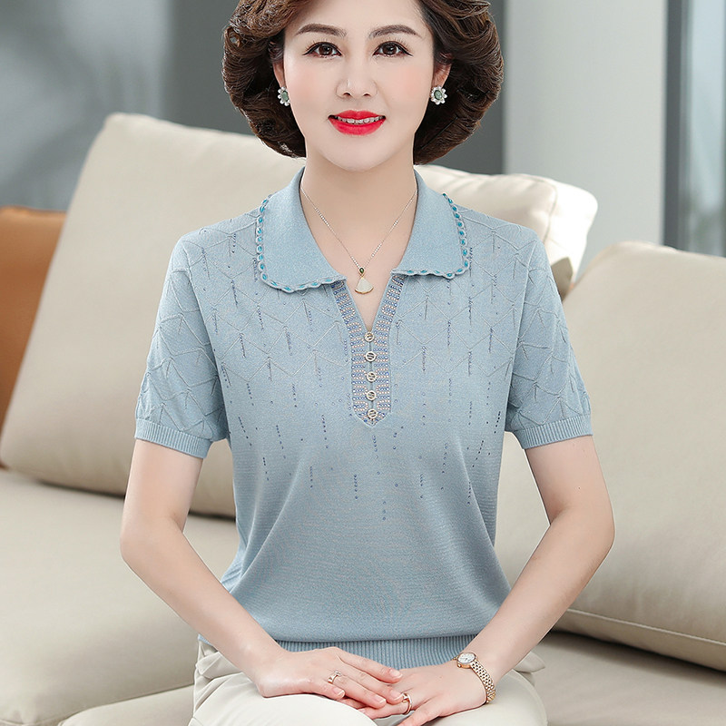 速发中老年人装上衣服针织衫胖妈妈装2021新款夏装真丝翻领t恤