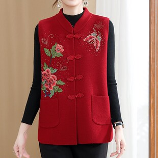 速发中老年装马甲奶老春秋针老开衫织人奶太太锈花马夹大码妈妈背