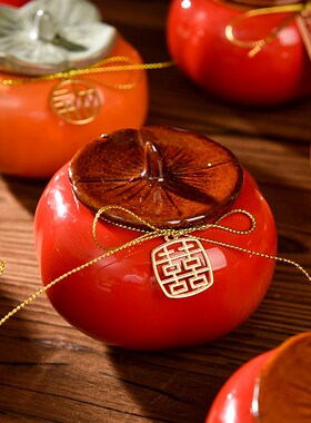 速发事厅如意柿子摆件结婚礼物陶瓷订柿小婚子罐红色婚房布置客事