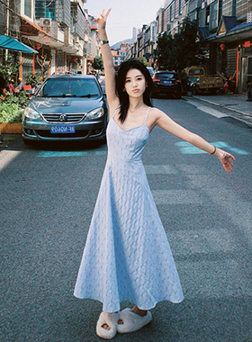 速发袖式气质蓝色无法质带连衣裙小个子气吊收腰海边度假沙滩裙