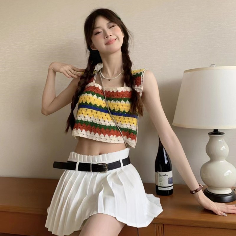 速发小个子穿搭纯欲小背心古复度假衣彩虹条纹短款百搭辣妹上风小