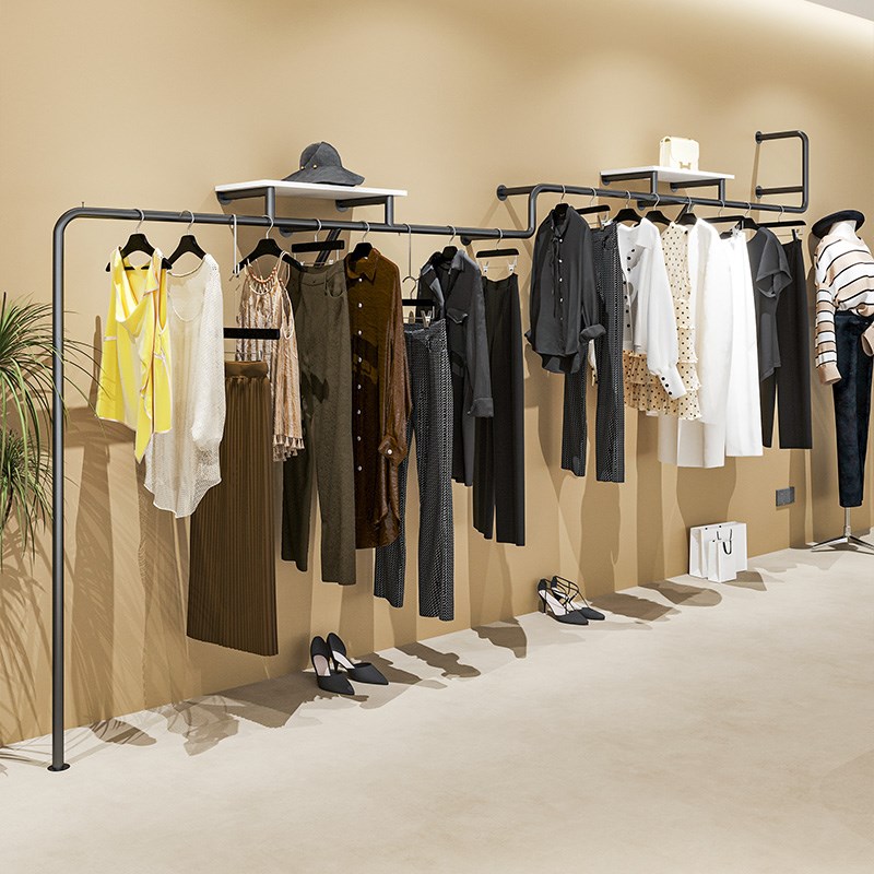 速发衣架服装店专用高档铁陈黑店挂衣架上墙壁挂式艺列架装色展示