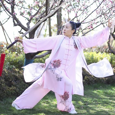 速发马蕾新款春夏丝麻太极拳服表演服太极服加长版飘逸彩绘款粉妆