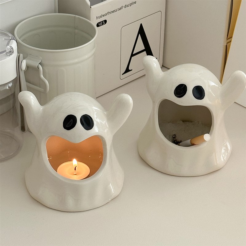 速发创意可爱幽灵陶饰烛台摆瓷餐桌香薰台拍照装件布置道具