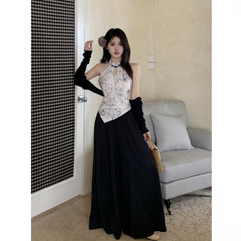 速发吊开新中式国墨挂脖大带码衫阔腿裤裙春夏三件套装