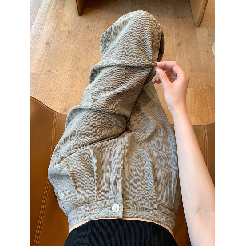 速发灰绿色褶皱裤腿季薄款高腰肌理垂感宽松直筒春秋阔夏裤