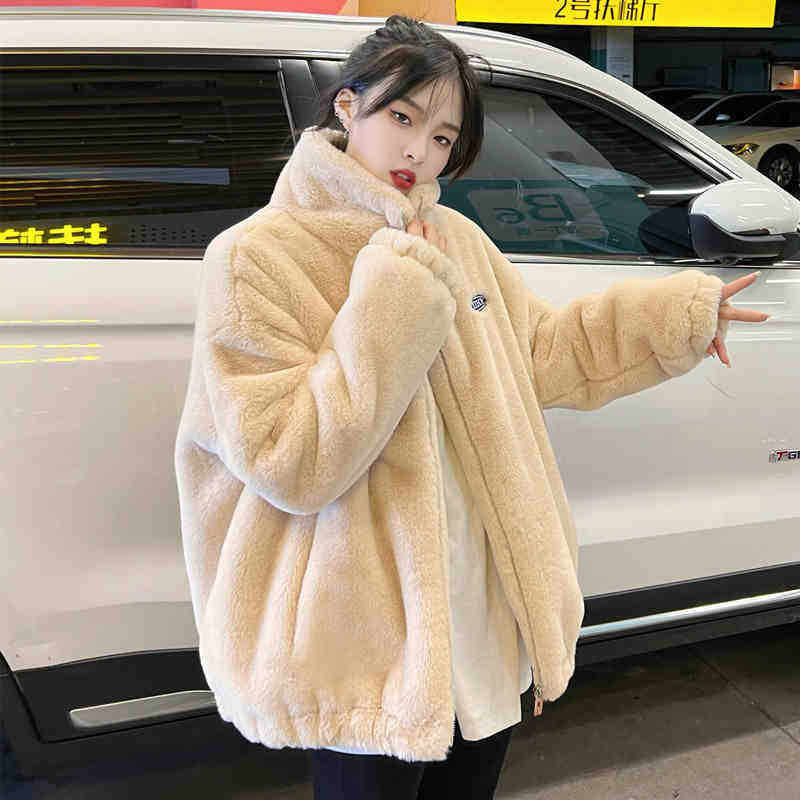 木子李2024新款宽松仿兔毛立领棉衣加厚毛毛外套毛绒绒女冬款保暖