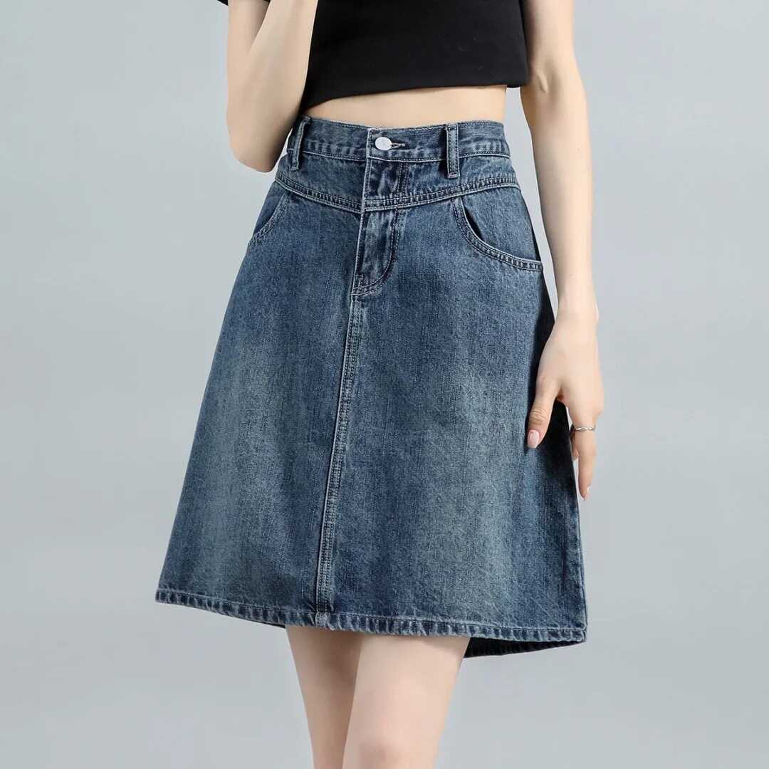 复古深色大码牛仔裙中裙女夏季新款高腰显瘦梨形穿搭a字半身裙子