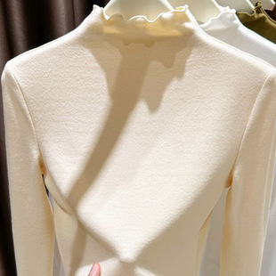 T恤胖mm上衣半高领木耳边高弹性遮肉 内搭长袖 甜甜德绒大码 打底衫