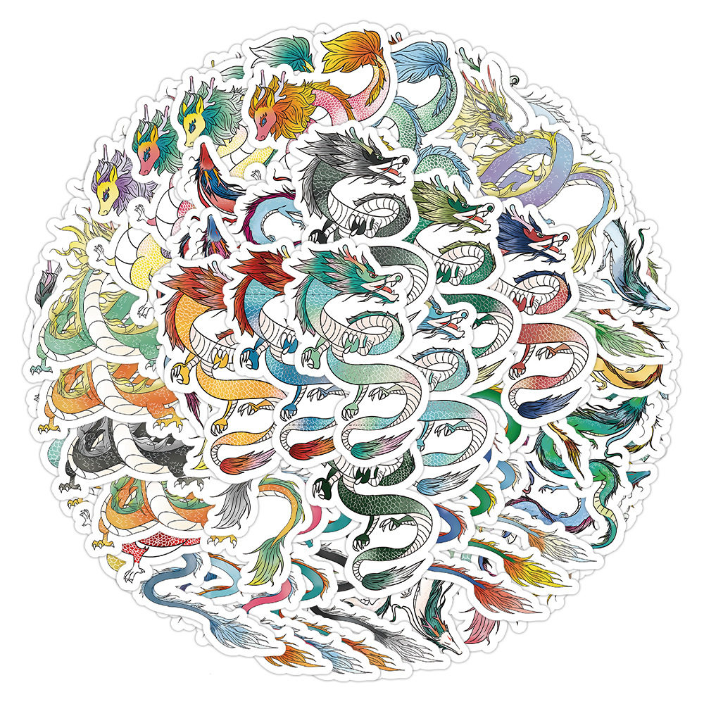 60张原创卡通中国龙贴纸手账装饰滑板车行李箱收纳盒笔记本贴画