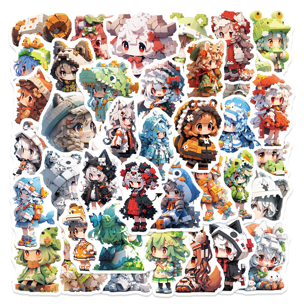50张原创q版像素风动漫女孩手账贴纸行李箱单车电脑水杯贴画