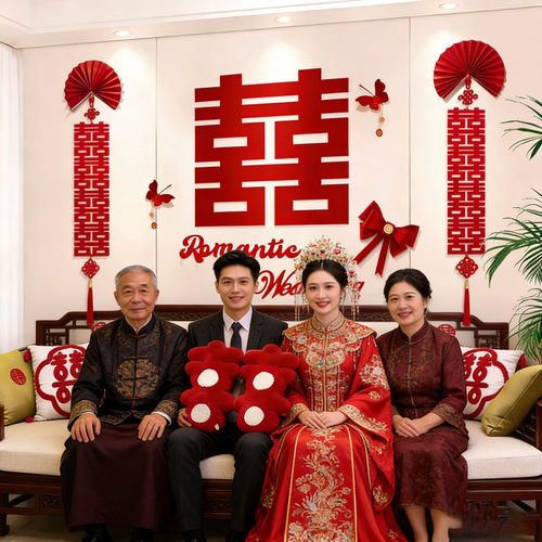结婚婚房沙发背景墙布置套装喜字