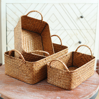 速发草编长方形收纳纳草海编织收篮筐桌面零食储物篮子置物