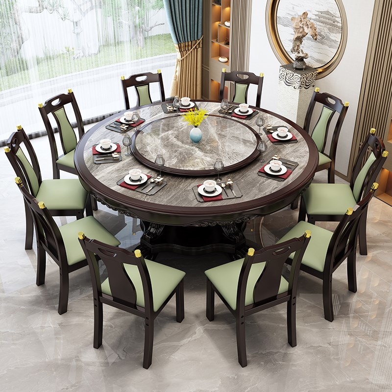 速发新用式实木餐桌大圆桌转盘高端组中2m圆形饭店15人桌椅家合酒