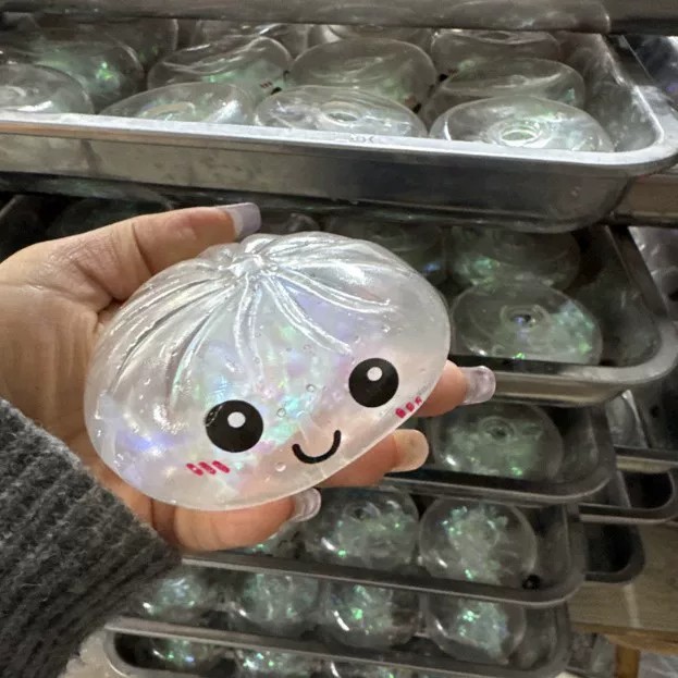 自制卡通笑脸大包子解压麦芽糖金粉球蒸笼包子玩具捏捏乐趣味儿童