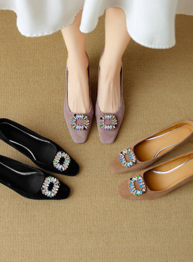 「SHERO牧野」水钻方扣高跟鞋方头浅口细中跟单鞋皮鞋女鞋紫色