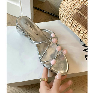 「牧野」法式绝美凉鞋中跟鞋夏天配裙子的鞋凉拖外穿拖鞋女银色