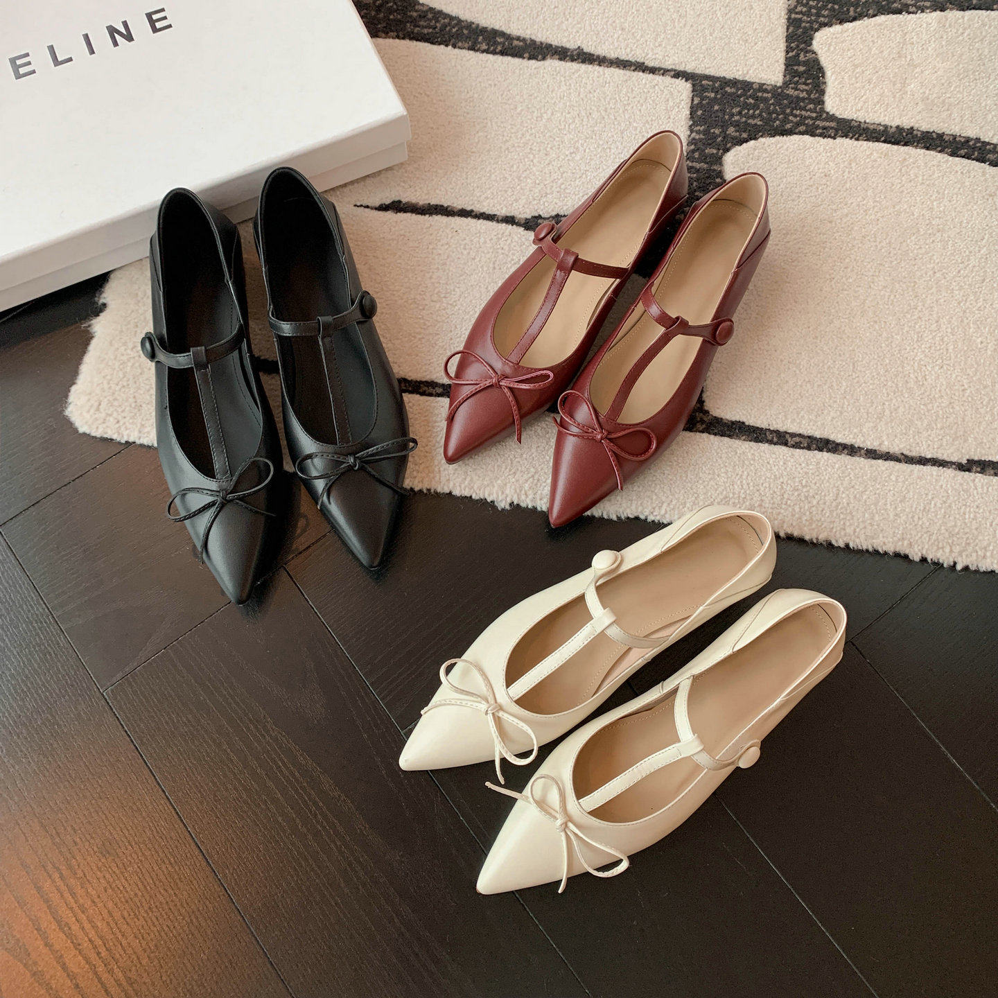 「牧野」赫本晚宴~尖头蝴蝶结浅口平底玛丽珍单鞋女宴会鞋白色