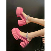 厚底包头拖鞋 女水钻真皮外穿超高跟10cm防水台后空小个子增高凉鞋