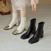 金属扣方头弹力瘦瘦靴女2025秋冬新款 粗跟高跟短靴显瘦马丁靴大码