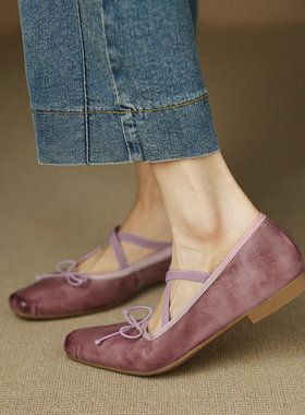 「SHERO牧野」超软擦色蝴蝶结浅口单鞋女平底芭蕾舞玛丽珍鞋紫色