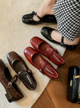 复古满天星铆钉一字带扣玛丽珍鞋女红色芭蕾舞鞋圆头浅口平底单鞋