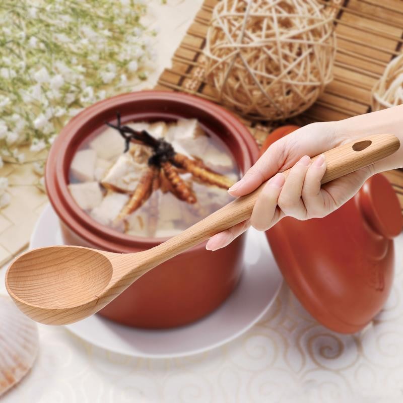 速发家长加长柄无漆实木质汤勺子粥头原木制韩式用把大号盛稀饭深