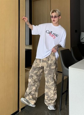 速发c搭ibu松u 美式迷彩大口袋设计工装裤男宽j直筒裤百u高街阔腿